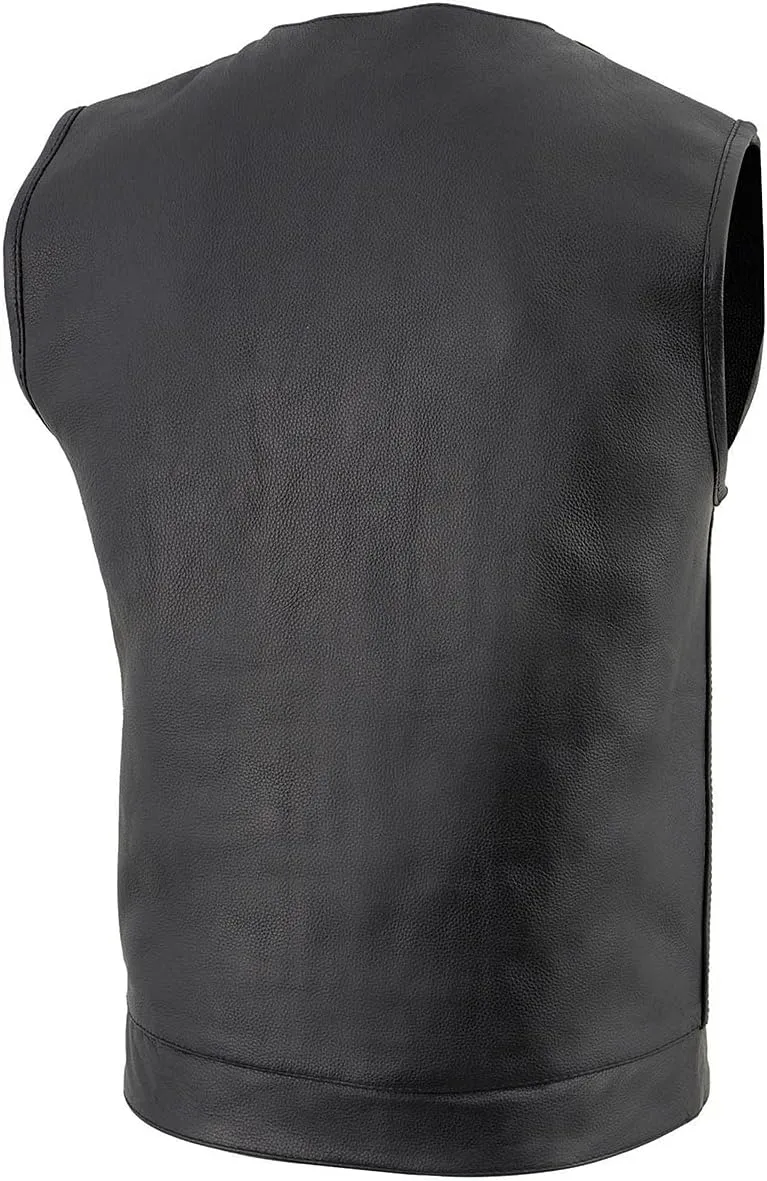 Milwaukee Leather LKM3711 Men's Black Leather Collarless Club Style Motorcycle Rider Vest w/Dual Front Closure