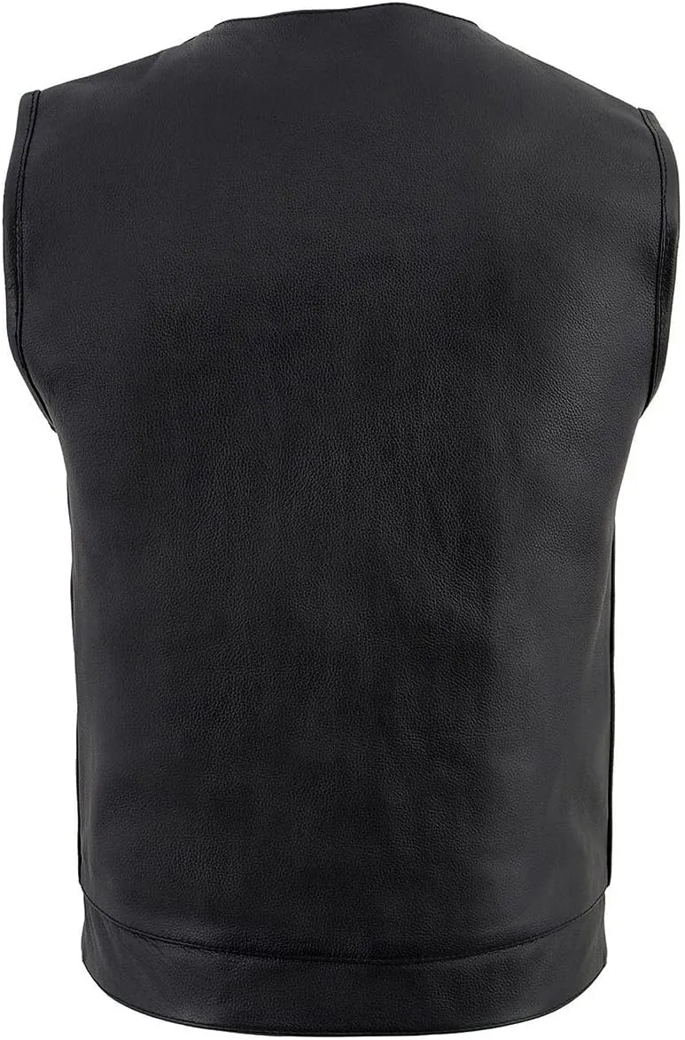 Milwaukee Leather LKM3711 Men's Black Leather Collarless Club Style Motorcycle Rider Vest w/Dual Front Closure