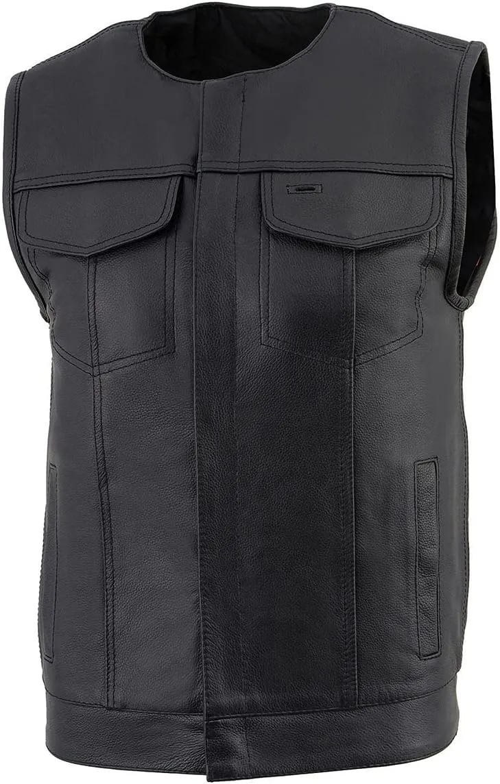 Milwaukee Leather LKM3711 Men's Black Leather Collarless Club Style Motorcycle Rider Vest w/Dual Front Closure