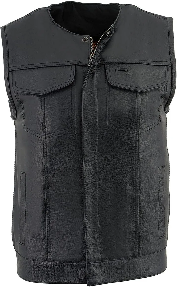 Milwaukee Leather LKM3711 Men's Black Leather Collarless Club Style Motorcycle Rider Vest w/Dual Front Closure