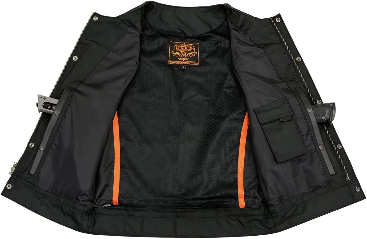 Milwaukee Leather LKM3711 Men's Black Leather Collarless Club Style Motorcycle Rider Vest w/Dual Front Closure