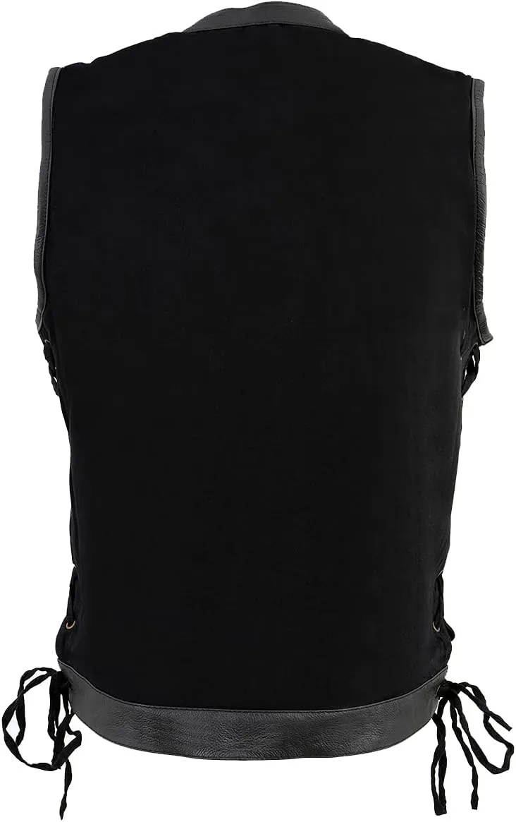 Milwaukee Leather MDM3011 Men's Black 'Hidden Zipper' Side Lace Motorcycle Rider Denim Vest w/Leather Trim