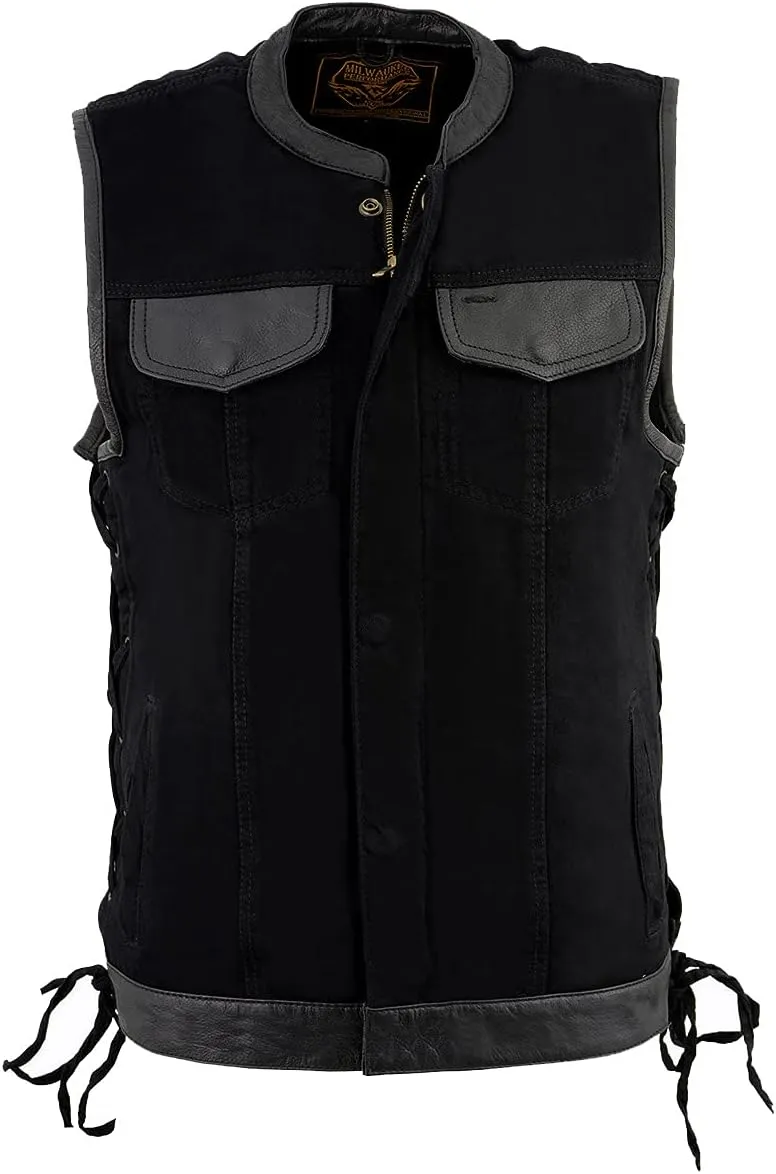 Milwaukee Leather MDM3011 Men's Black 'Hidden Zipper' Side Lace Motorcycle Rider Denim Vest w/Leather Trim