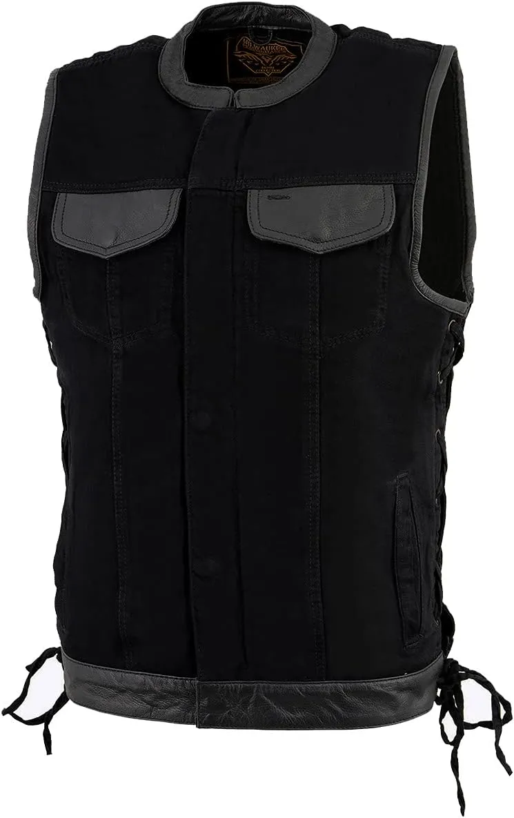 Milwaukee Leather MDM3011 Men's Black 'Hidden Zipper' Side Lace Motorcycle Rider Denim Vest w/Leather Trim