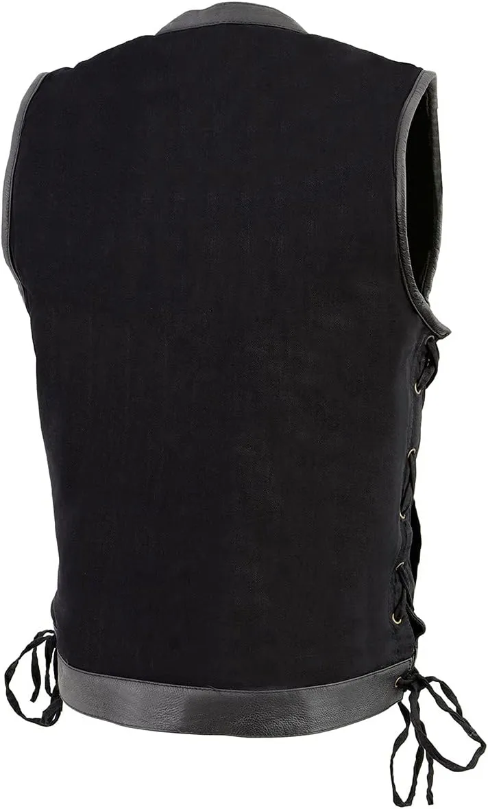 Milwaukee Leather MDM3011 Men's Black 'Hidden Zipper' Side Lace Motorcycle Rider Denim Vest w/Leather Trim