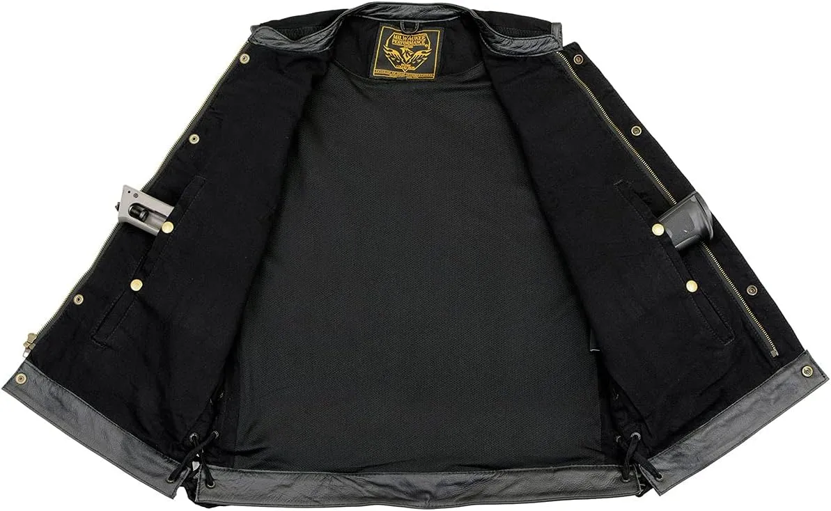 Milwaukee Leather MDM3011 Men's Black 'Hidden Zipper' Side Lace Motorcycle Rider Denim Vest w/Leather Trim