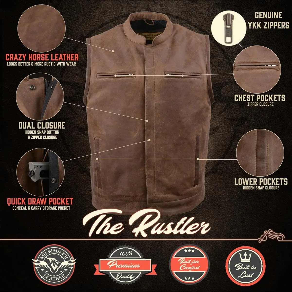 Milwaukee Leather Men's Classic Club Style Motorcycle Bikers Premium Leather Vest | MLM - 2X-Large