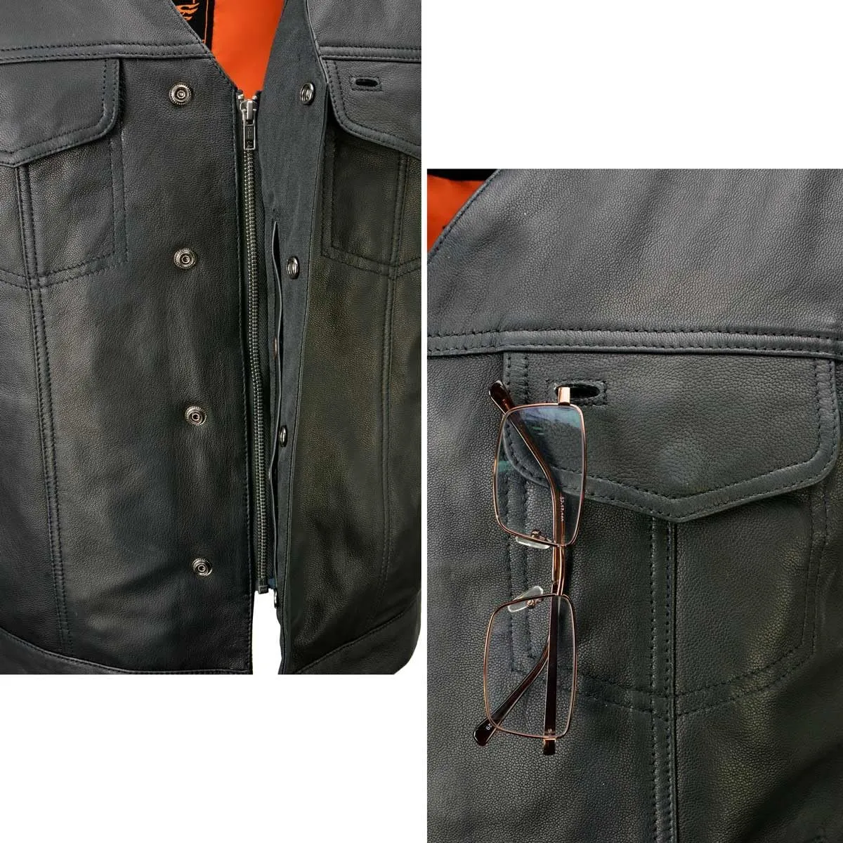 Milwaukee Leather MLM3504 Men's Black 'Pursuit' V Neck Club Style Motorcycle Leather Vest with Adjustable Side Laces - Large