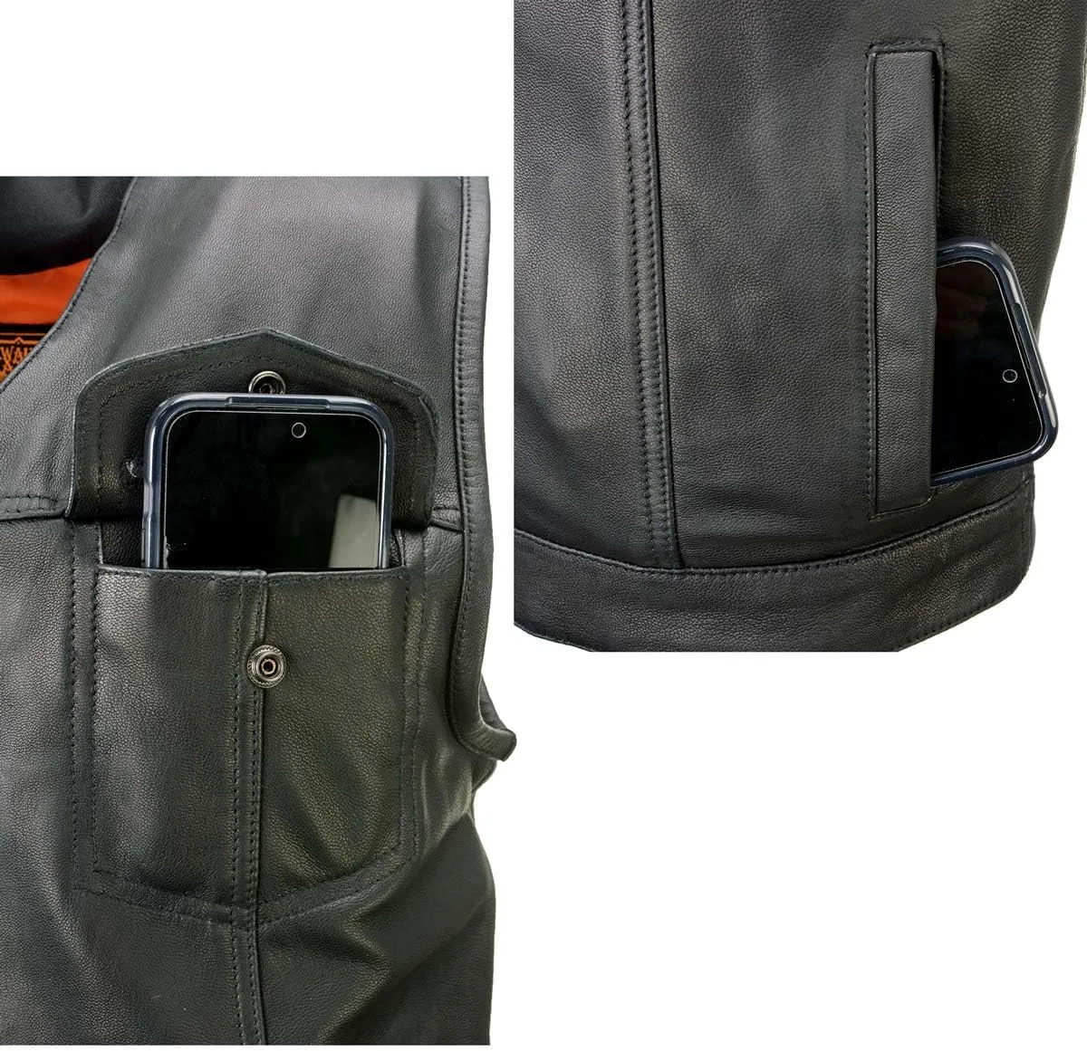 Milwaukee Leather MLM3504 Men's Black 'Pursuit' V Neck Club Style Motorcycle Leather Vest with Adjustable Side Laces - Large