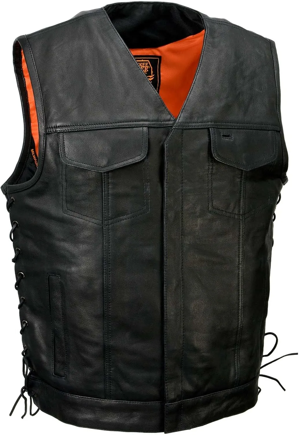 Milwaukee Leather MLM3504 Men's Black 'Pursuit' V Neck Club Style Motorcycle Leather Vest with Adjustable Side Laces - Large
