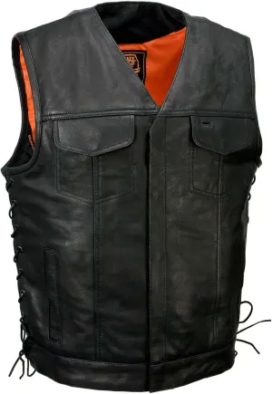 Milwaukee Leather MLM3504 Men's Black 'Pursuit' V Neck Club Style Motorcycle Leather Vest with Adjustable Side Laces - Large