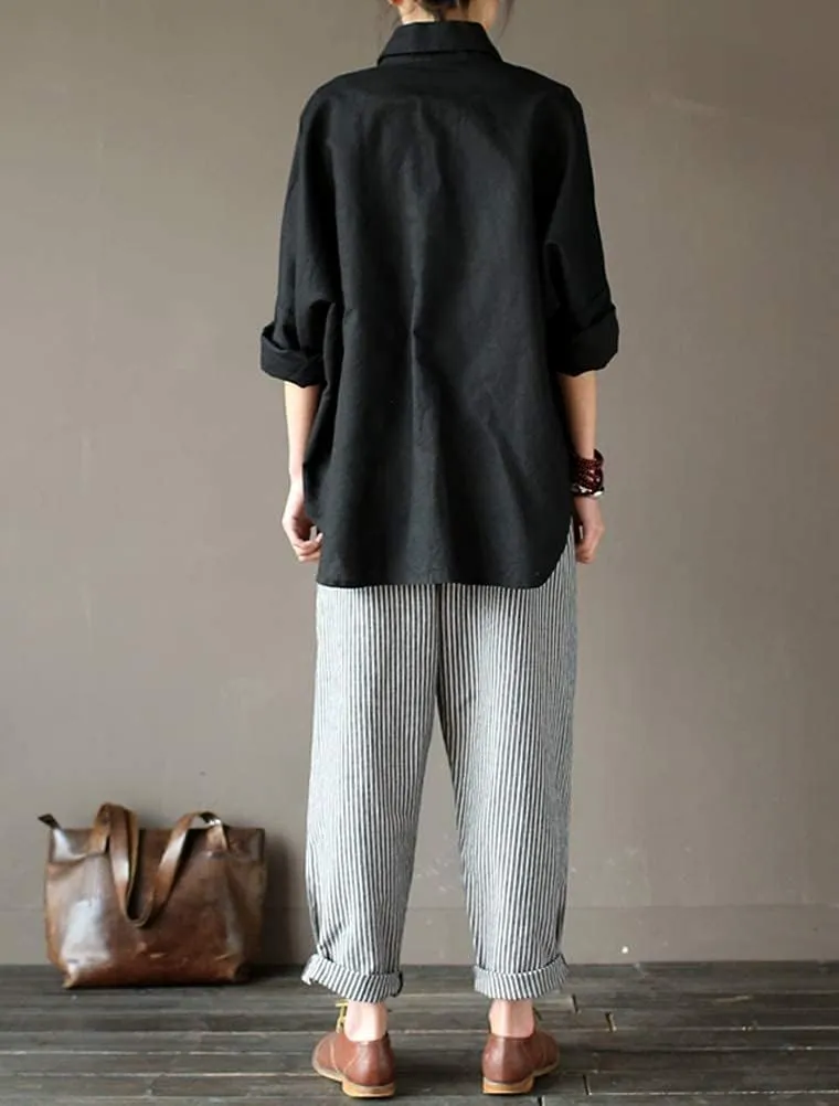 Minibee Women's Wide Leg Harem Pants Cotton Linen Striped Casual Palazzo Pants with Pockets