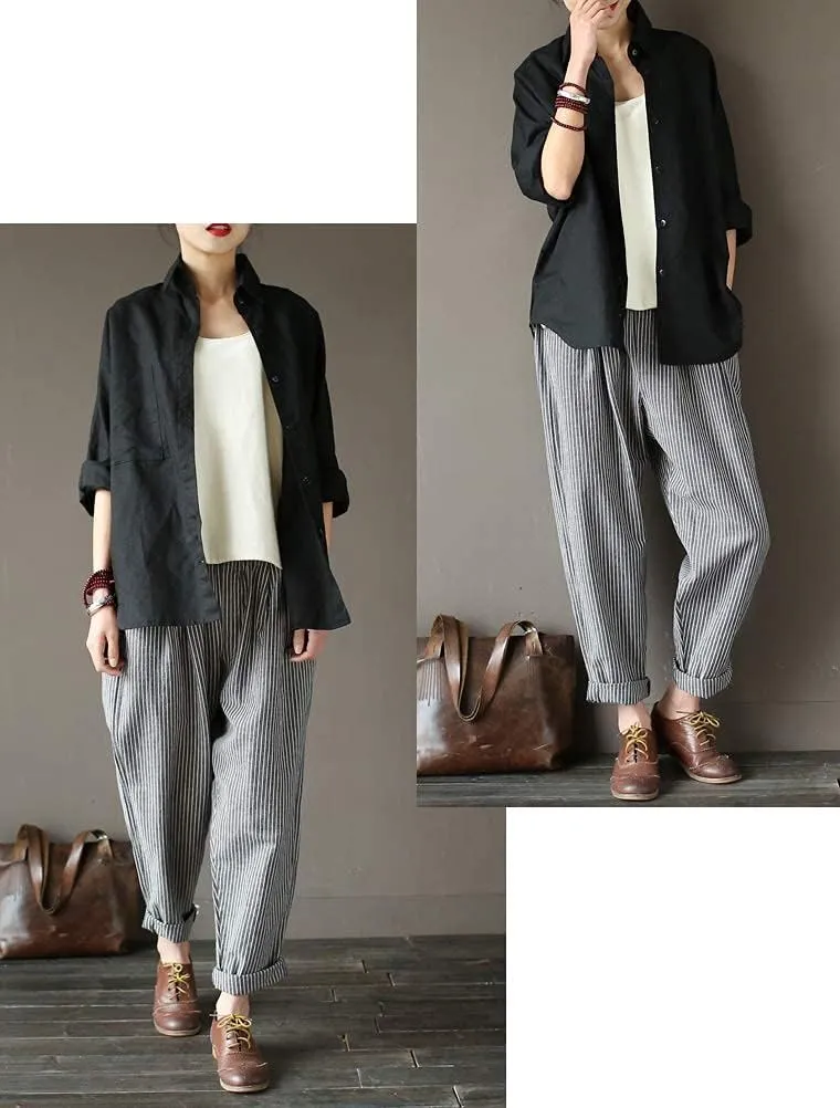 Minibee Women's Wide Leg Harem Pants Cotton Linen Striped Casual Palazzo Pants with Pockets