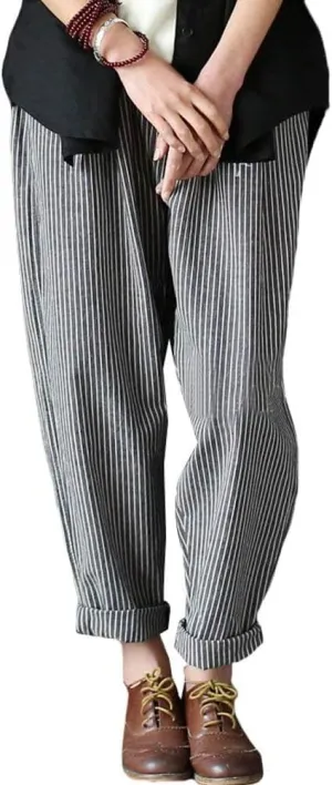 Minibee Women's Wide Leg Harem Pants Cotton Linen Striped Casual Palazzo Pants with Pockets