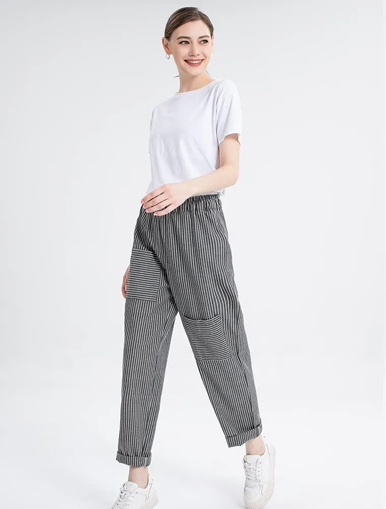 Minibee Women's Wide Leg Harem Pants Cotton Linen Striped Casual Palazzo Pants with Pockets