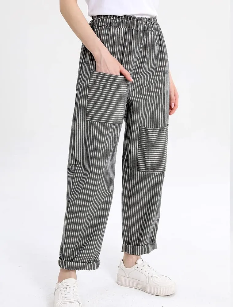 Minibee Women's Wide Leg Harem Pants Cotton Linen Striped Casual Palazzo Pants with Pockets