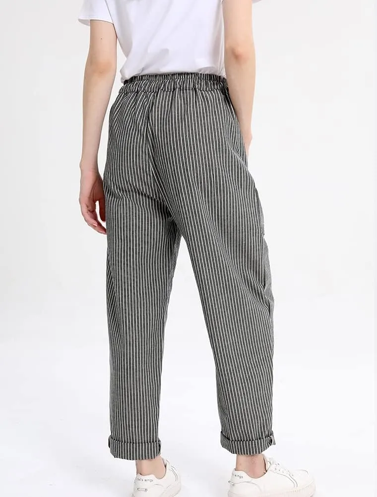 Minibee Women's Wide Leg Harem Pants Cotton Linen Striped Casual Palazzo Pants with Pockets