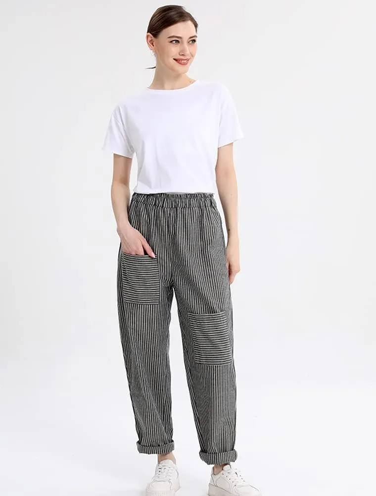 Minibee Women's Wide Leg Harem Pants Cotton Linen Striped Casual Palazzo Pants with Pockets