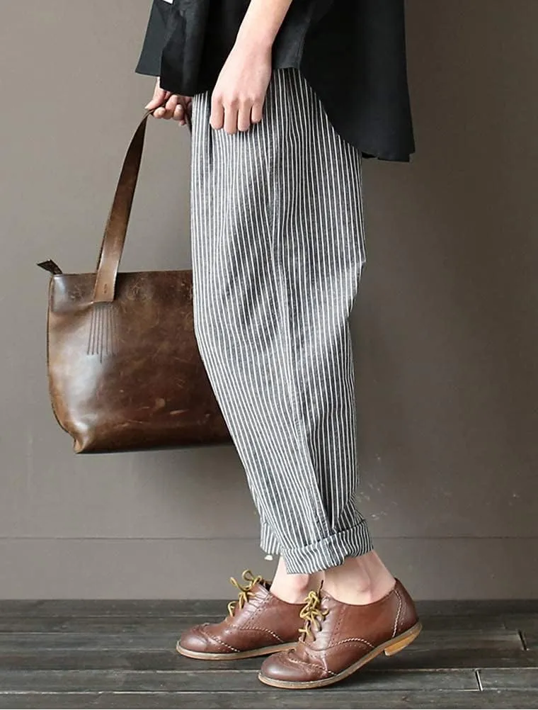 Minibee Women's Wide Leg Harem Pants Cotton Linen Striped Casual Palazzo Pants with Pockets