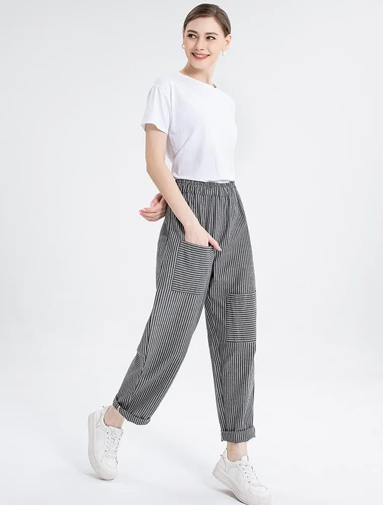 Minibee Women's Wide Leg Harem Pants Cotton Linen Striped Casual Palazzo Pants with Pockets