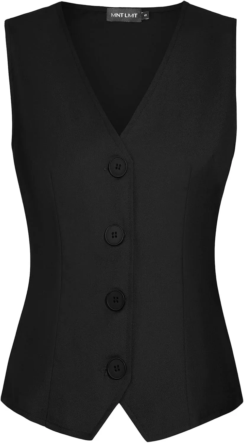 MINTLIMIT Womens Waistcoat Vest Dressy Casual Button Up Sleeveless Tuxedo Suit Vest Fitted Jacket Crop Top
