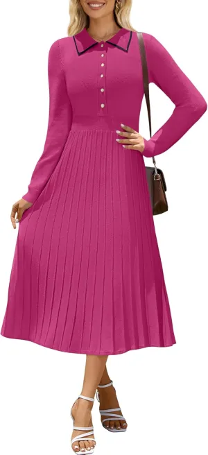 MIROL Women's Pleated Contrast Sweater Dress 2025 Fall Long Sleeve Button Lapel Collar Maxi Bodycon Dress