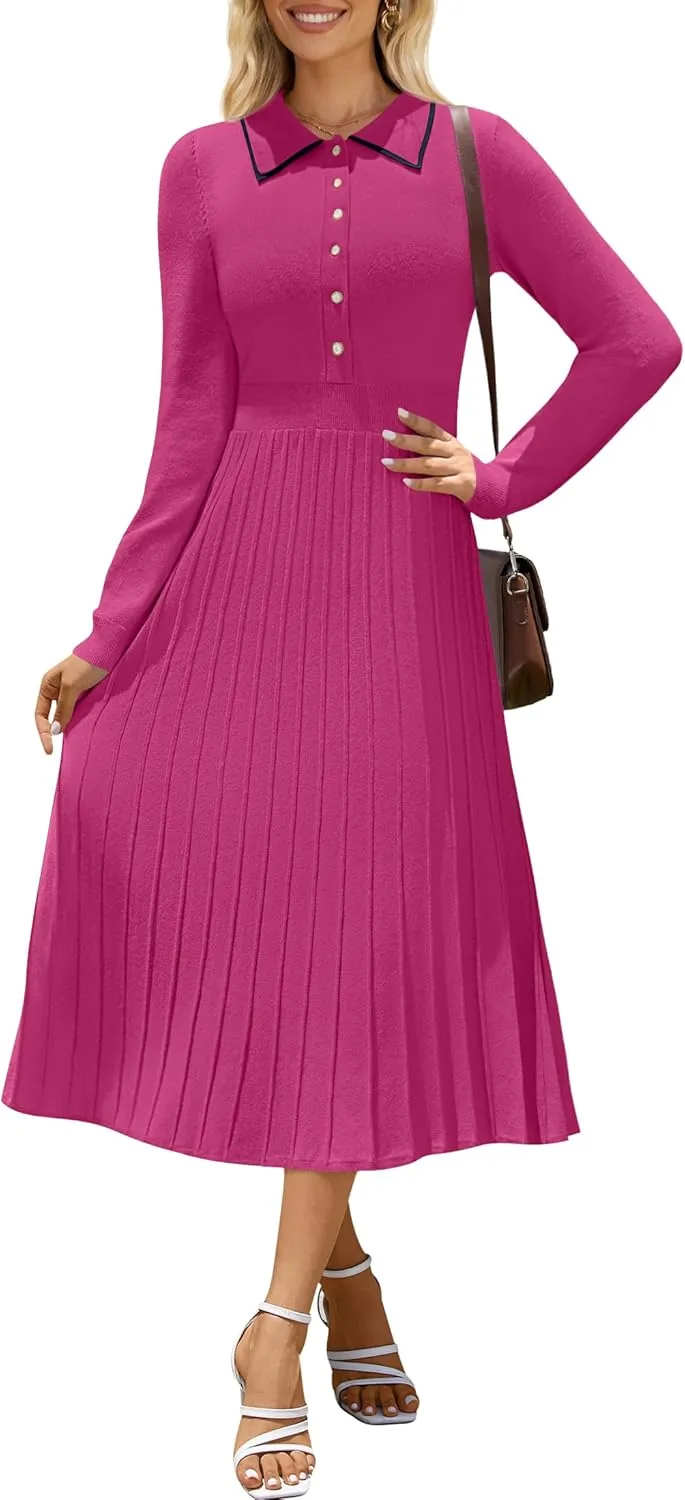 MIROL Women's Pleated Contrast Sweater Dress 2025 Fall Long Sleeve Button Lapel Collar Maxi Bodycon Dress