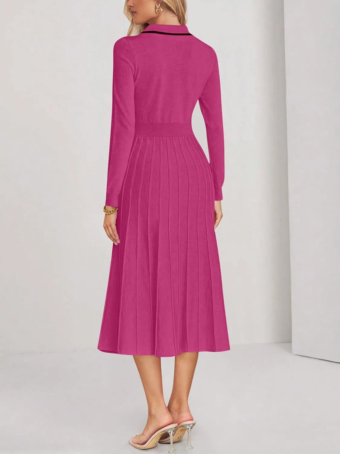 MIROL Women's Pleated Contrast Sweater Dress 2025 Fall Long Sleeve Button Lapel Collar Maxi Bodycon Dress