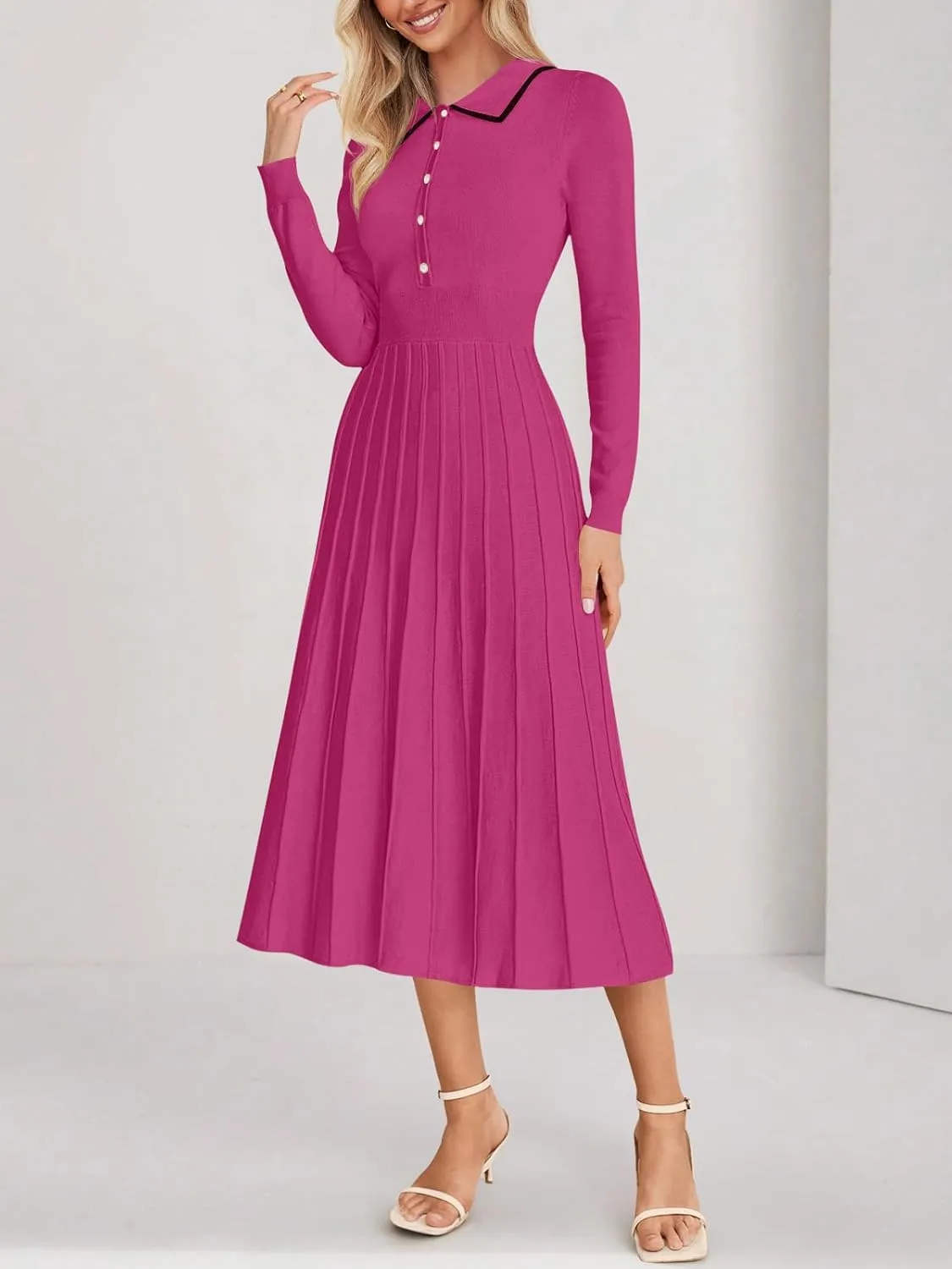 MIROL Women's Pleated Contrast Sweater Dress 2025 Fall Long Sleeve Button Lapel Collar Maxi Bodycon Dress