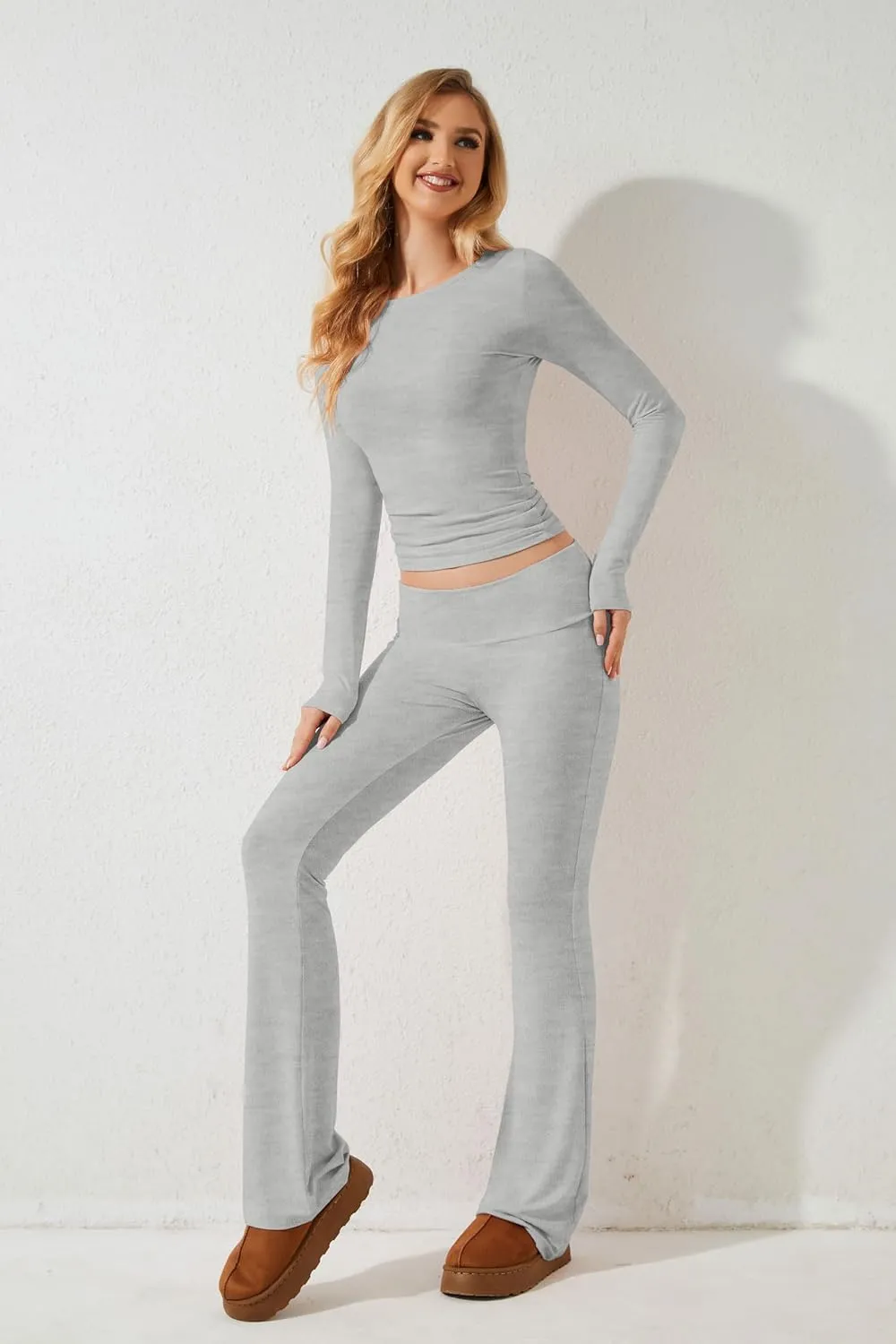 MISSACTIVER Women's Two Piece Outfit Basic Long Sleeve Crop Top and Low Rise Flare Pants Set Lounge 2 Piece Yoga Tracksuit