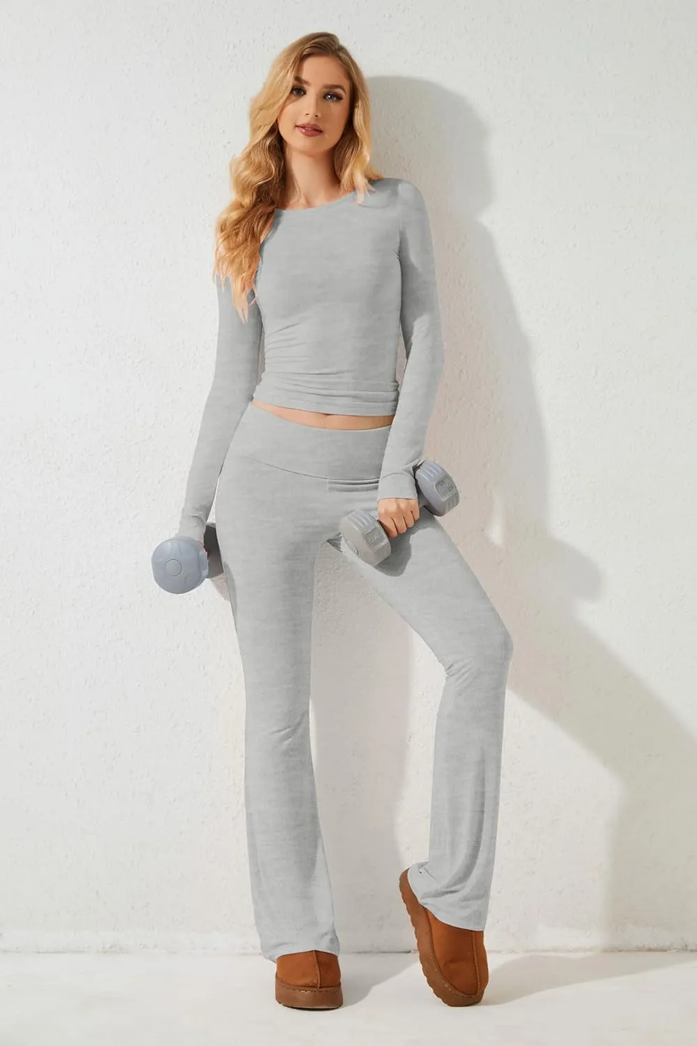 MISSACTIVER Women's Two Piece Outfit Basic Long Sleeve Crop Top and Low Rise Flare Pants Set Lounge 2 Piece Yoga Tracksuit