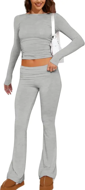 MISSACTIVER Women's Two Piece Outfit Basic Long Sleeve Crop Top and Low Rise Flare Pants Set Lounge 2 Piece Yoga Tracksuit