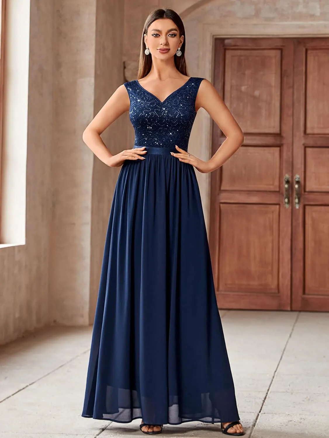 Miusol Women's Sexy Deep V-Neck Sequin Lace Double Sleeveless Evening Party Maxi Dress