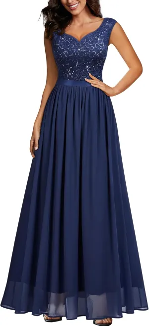Miusol Women's Sexy Deep V-Neck Sequin Lace Double Sleeveless Evening Party Maxi Dress