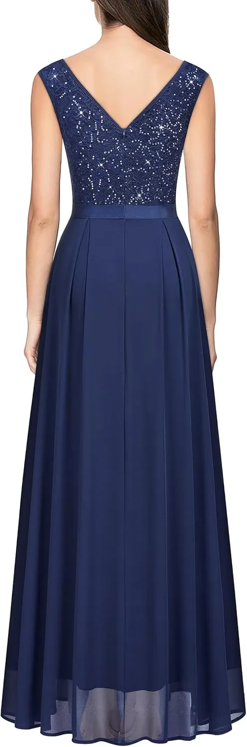 Miusol Women's Sexy Deep V-Neck Sequin Lace Double Sleeveless Evening Party Maxi Dress