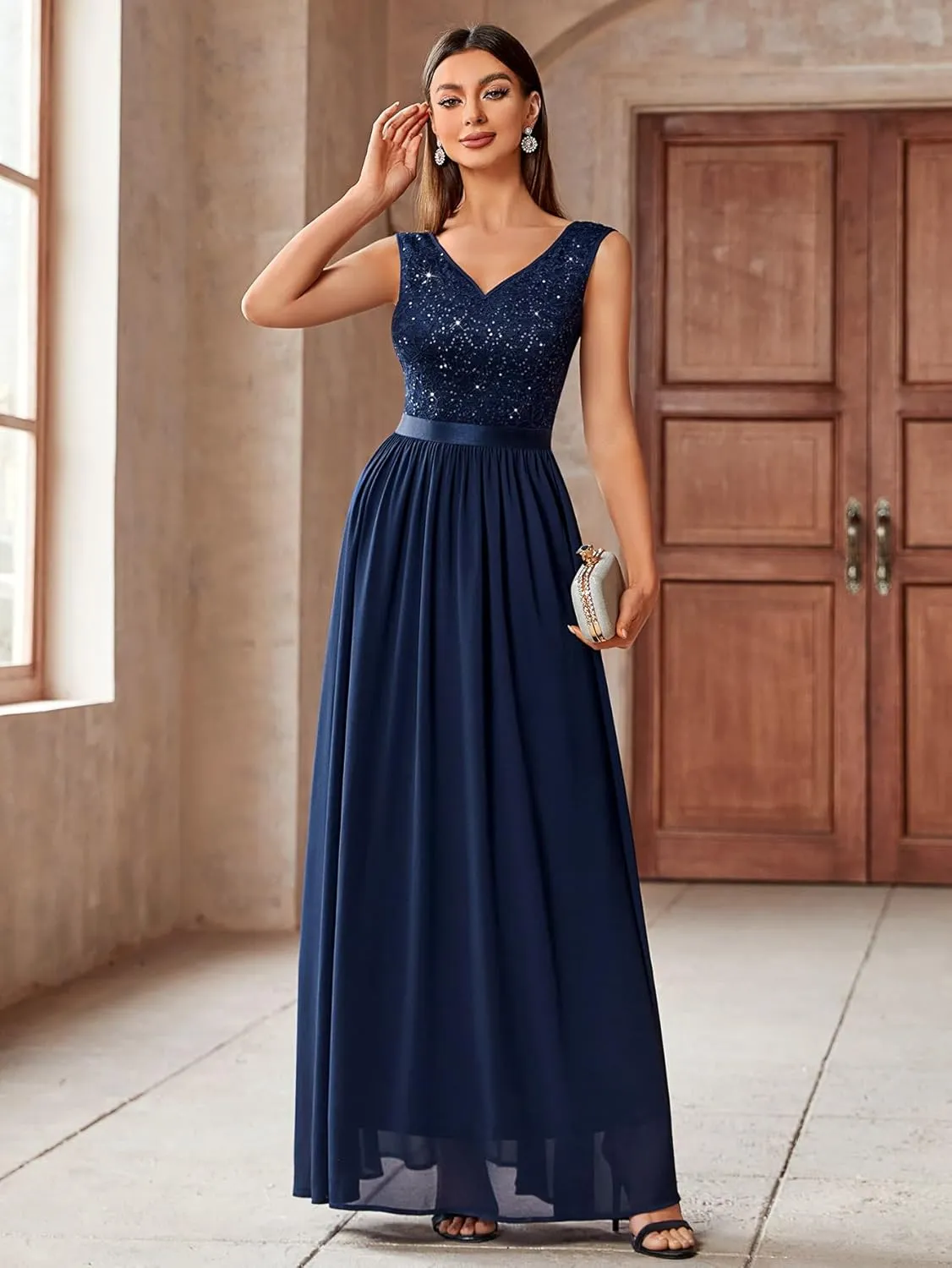 Miusol Women's Sexy Deep V-Neck Sequin Lace Double Sleeveless Evening Party Maxi Dress