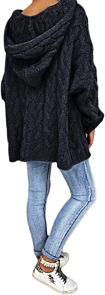 Miyaomn Women's Trendy Chunky Cable Knit V Neck Sweaters Hoodies Slim Fit Casual Solid Long Sleeve Hooded Pullover Jumper Top