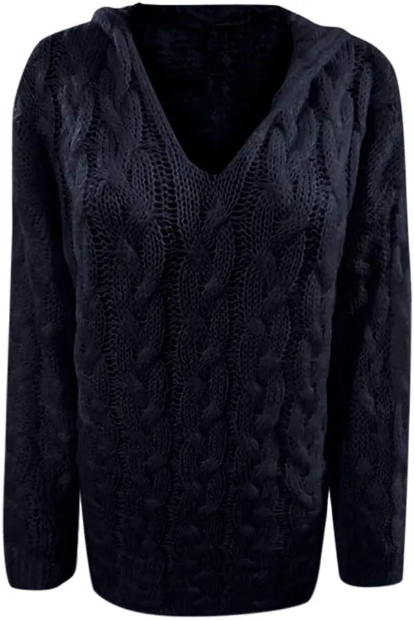 Miyaomn Women's Trendy Chunky Cable Knit V Neck Sweaters Hoodies Slim Fit Casual Solid Long Sleeve Hooded Pullover Jumper Top