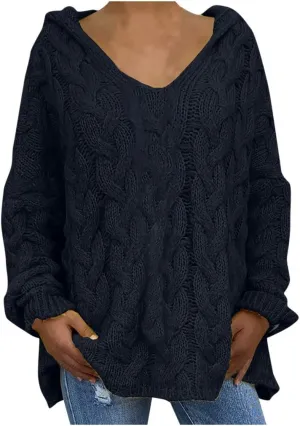 Miyaomn Women's Trendy Chunky Cable Knit V Neck Sweaters Hoodies Slim Fit Casual Solid Long Sleeve Hooded Pullover Jumper Top