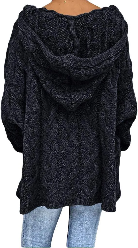 Miyaomn Women's Trendy Chunky Cable Knit V Neck Sweaters Hoodies Slim Fit Casual Solid Long Sleeve Hooded Pullover Jumper Top