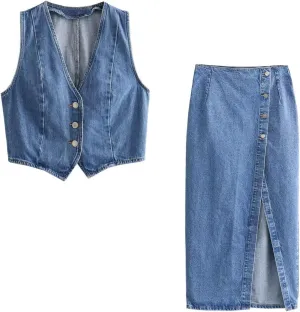 Molilove Women's Denim Outfits 2 Piece Vest Set Sleeveless V Neck Button Top Slit Midi Skirts Set Jean Two Piece Denim Set