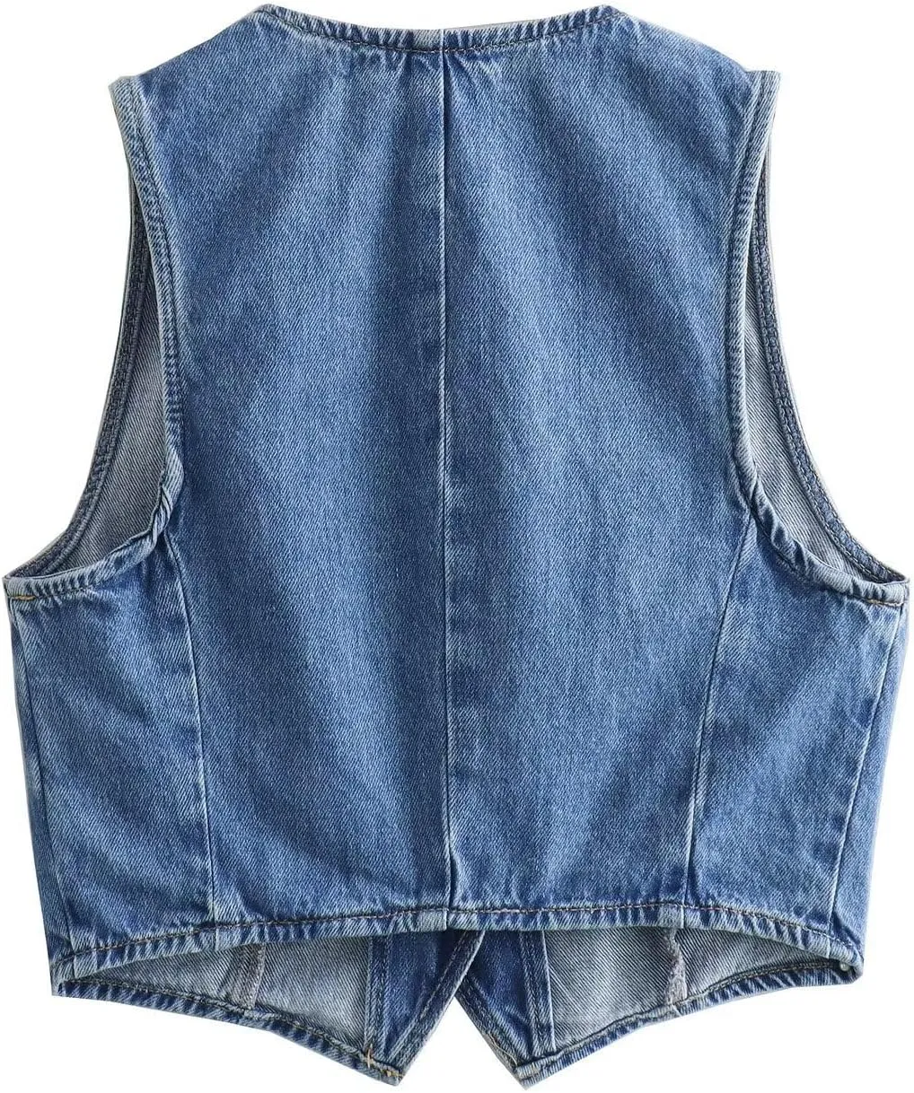 Molilove Women's Denim Outfits 2 Piece Vest Set Sleeveless V Neck Button Top Slit Midi Skirts Set Jean Two Piece Denim Set