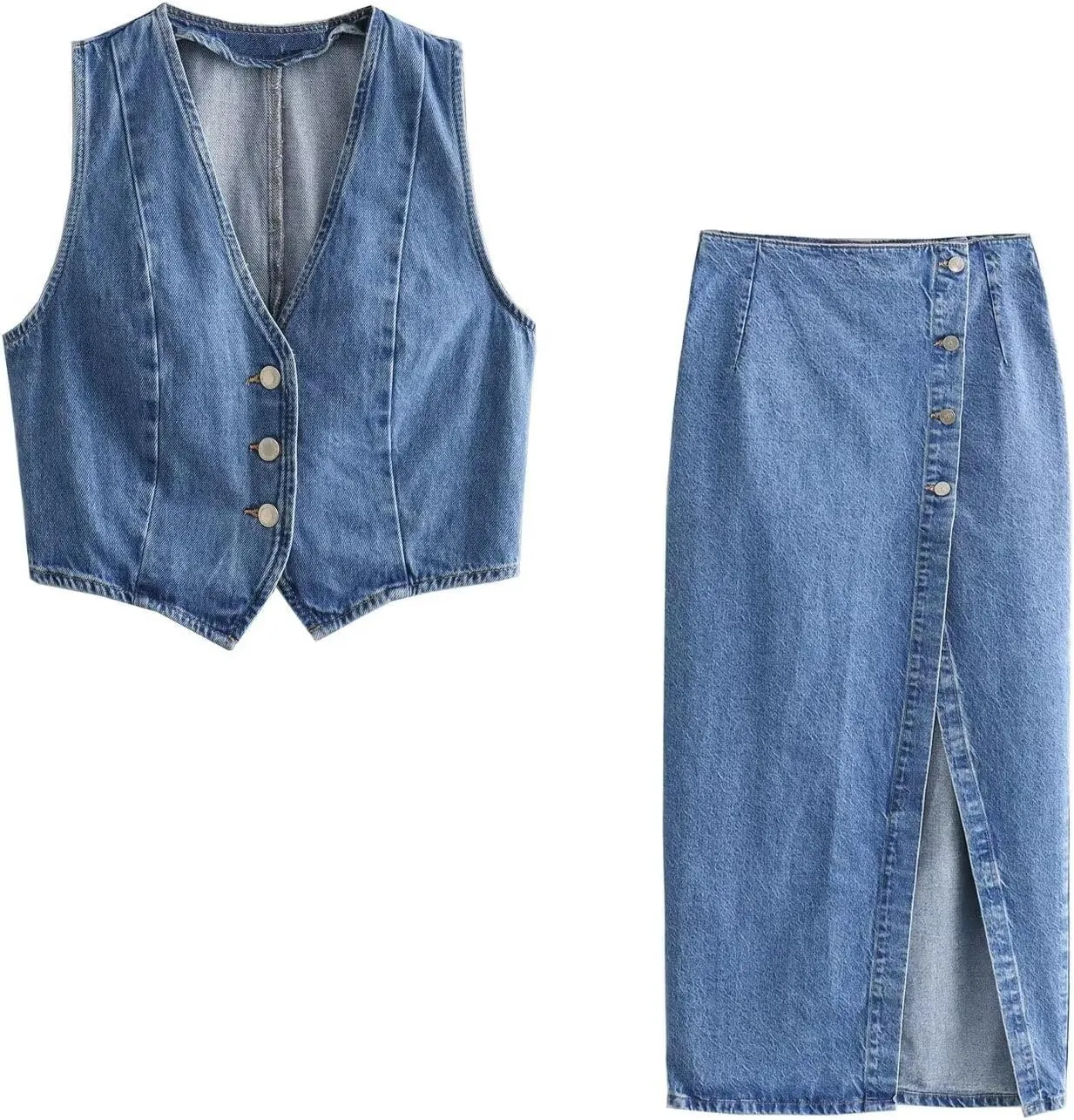 Molilove Women's Denim Outfits 2 Piece Vest Set Sleeveless V Neck Button Top Slit Midi Skirts Set Jean Two Piece Denim Set