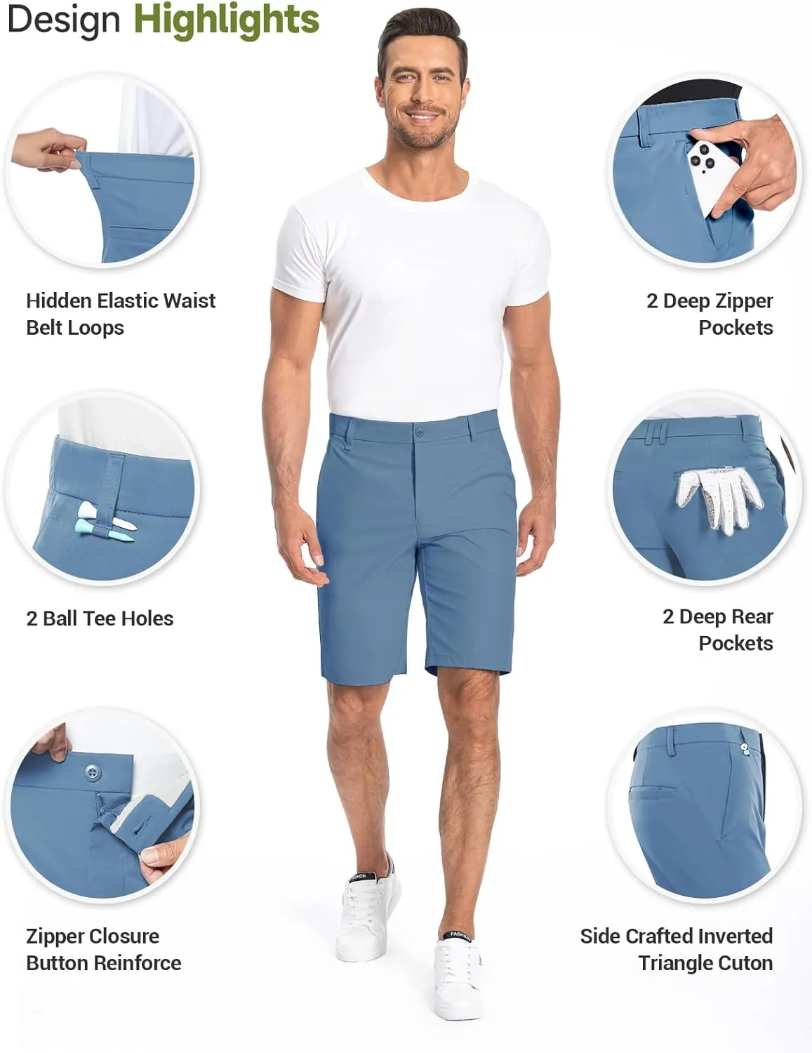 Moosehill Mens Golf Dress Casual Shorts 7" 10" Quick Dry Stretch Anti-Wrinkle Flat Front with 4 Pockets for Work Hybrid Chino