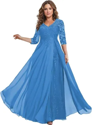 Mother of The Bride Dresses for Wedding with Sleeve Formal Dress Lace Appliques Chiffon LW041