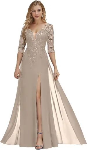 Mother of The Bride Gown A-line Deep V-Neck Floor Length Lace Chiffon 1/2 Sleeve Side Double Split Dress with Sequins
