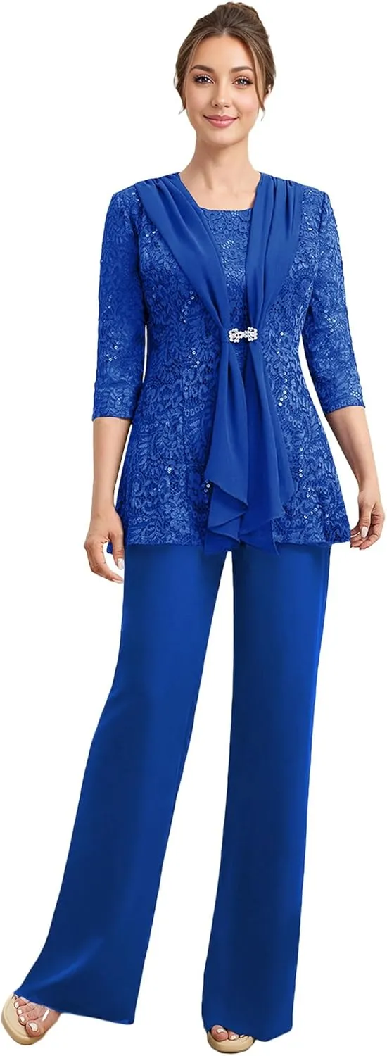 Mother of The Bride Pant Suits 3 Pieces Lace Formal Pants Outfit Grandmother of The Bride Pant Suits for Wedding Jacket