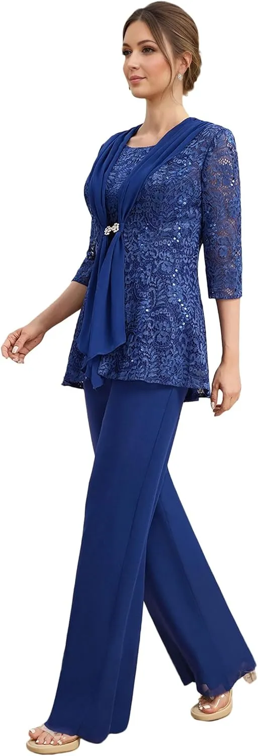 Mother of The Bride Pant Suits 3 Pieces Lace Formal Pants Outfit Grandmother of The Bride Pant Suits for Wedding Jacket