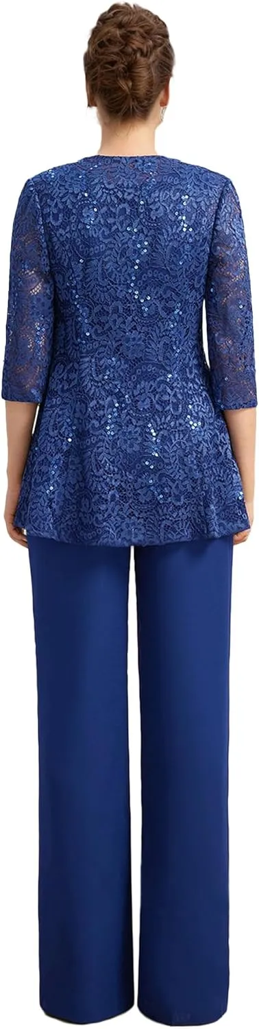 Mother of The Bride Pant Suits 3 Pieces Lace Formal Pants Outfit Grandmother of The Bride Pant Suits for Wedding Jacket