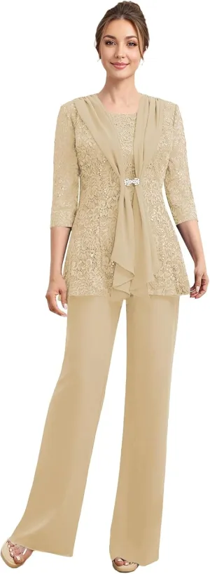 Mother of The Bride Pant Suits 3 Pieces Lace Formal Pants Outfit Grandmother of The Bride Pant Suits for Wedding Jacket
